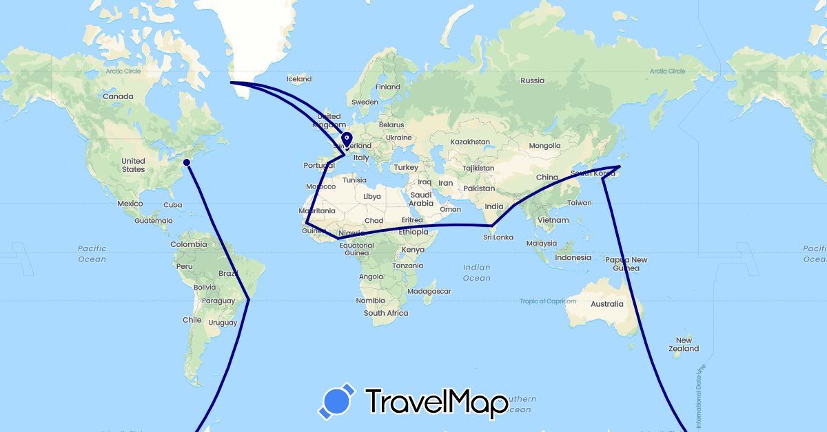 TravelMap itinerary: driving in Australia, Brazil, Spain, France, Greenland, India, Japan, Senegal, Togo, United States (Africa, Asia, Europe, North America, Oceania, South America)