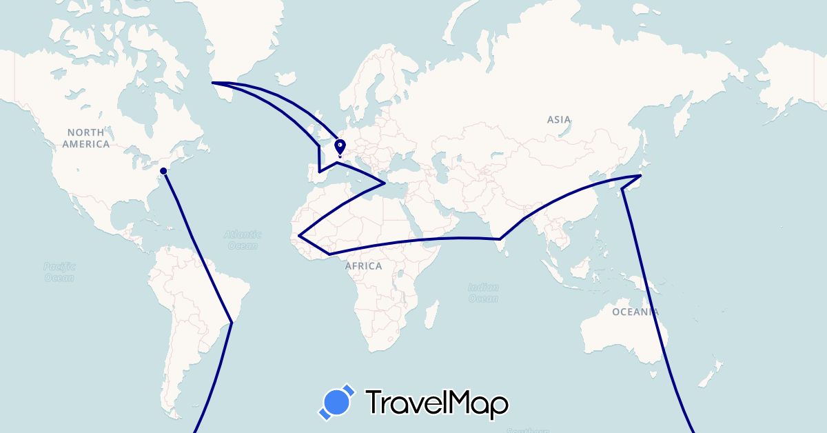 TravelMap itinerary: driving in Australia, Belgium, Brazil, Spain, France, Greenland, Greece, India, Japan, Senegal, Togo, United States (Africa, Asia, Europe, North America, Oceania, South America)